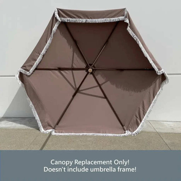 9ft 6 Ribs Replacement Umbrella Canopy w/Fringed Valance in Taupe (Canopy Only)