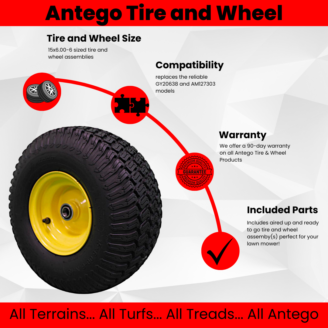 Antego Tire & Wheel (Set of 2) 15x6.00-6 Tire and Wheel Assemblies, ATW-003, 4 Ply Turf Tires, .75" Precision Ball Bearings, John Deere 15x6.00-6NHS Lawn Mower Tires, John Deere Front Tires 15x6.00-6