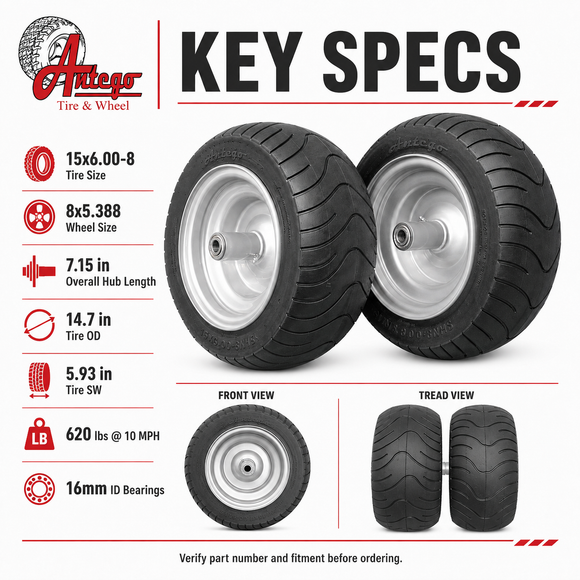 Antego Tire & Wheel 15x6.00-8 Front Wheel for Dixie Chopper 402064, 2-Pack
