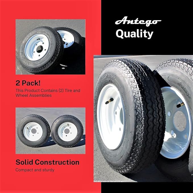 Antego Tire and Wheel (Set of 2) 4.80-8 Tire and Wheel Assemblies, White 5 Lug Trailer Tires and Wheels, 6 Ply, Load Range C