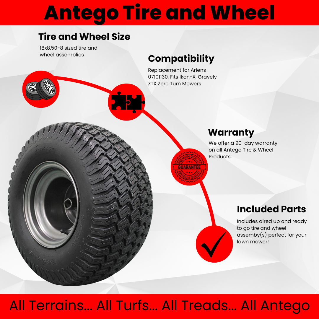 18x8.50-8 Tire with 8x6.375 Wheel Assembly (Set of 2) Ariens 07101130, Fits Ikon-X, Gravely ZTX Zero Turn Mowers *Due to supply, we may substitute 18x9.50 tires*