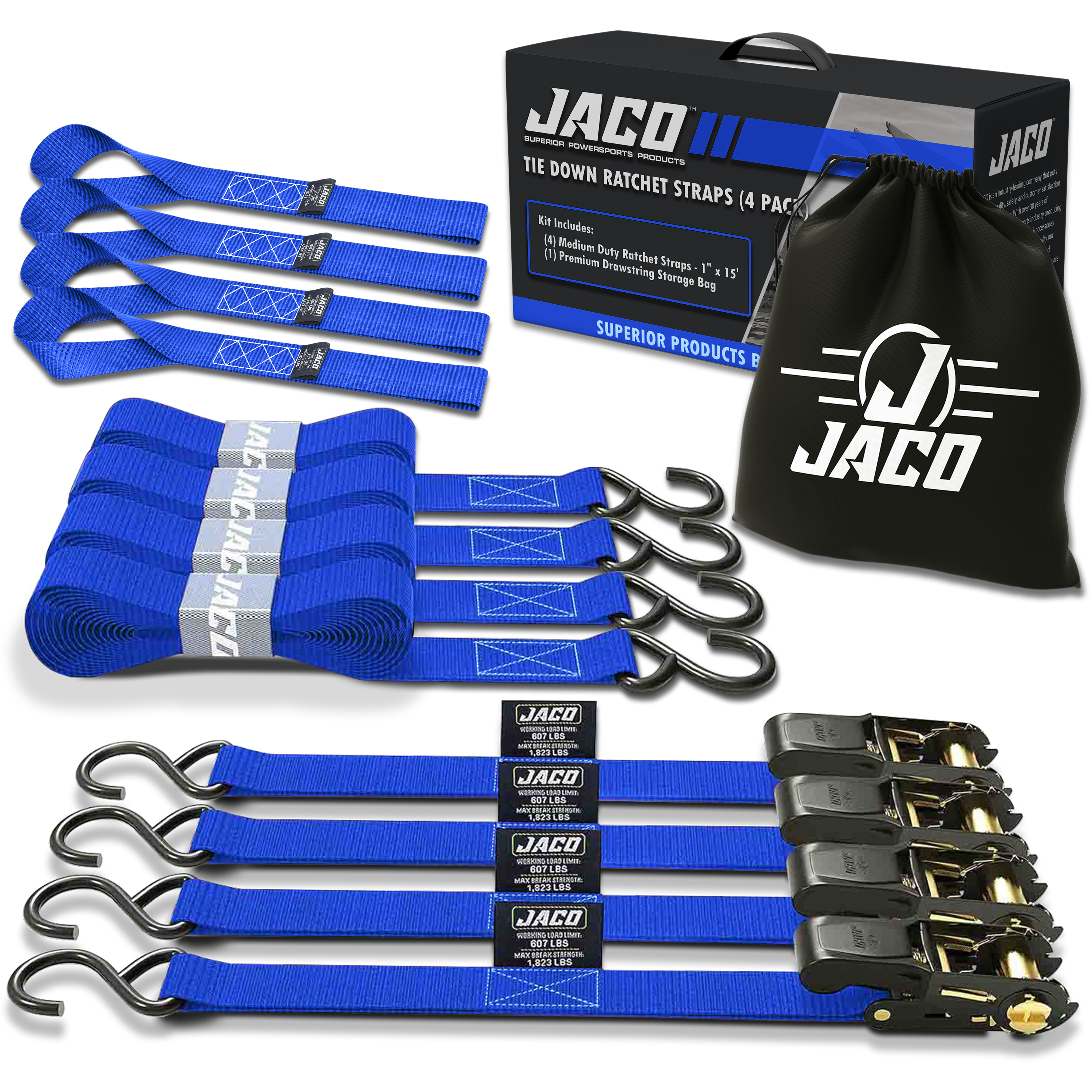 Tie Down Ratchet Straps (4 Pack) - 1 in x 15 ft | AAR Certified Break Strength (1,823 lbs) | Cargo Tie Down Set