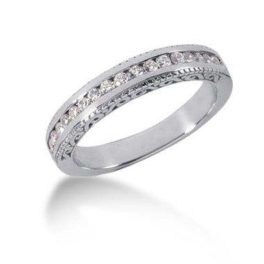 14k White Gold Vintage Style Engraved Diamond Channel Set Wedding Ring Band - 0