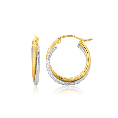 14k Two Tone Gold Double Polished and Textured Hoop Earrings - 0