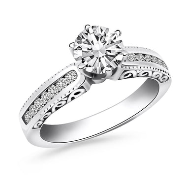 14k White Gold Channel Set Engagement Ring with Engraved Sides - 0