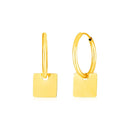 14k Yellow Gold Huggie Style Hoop Earrings with Square Drops-3