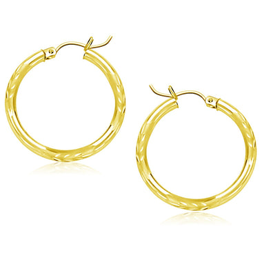 14k Yellow Gold Diamond Cut Hoop Earrings (25mm) - 0