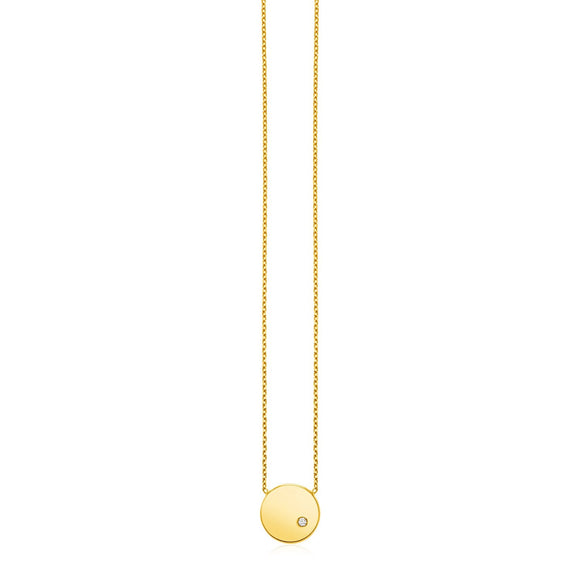 14k Yellow Gold Necklace with Polished Round Pendant with Diamond