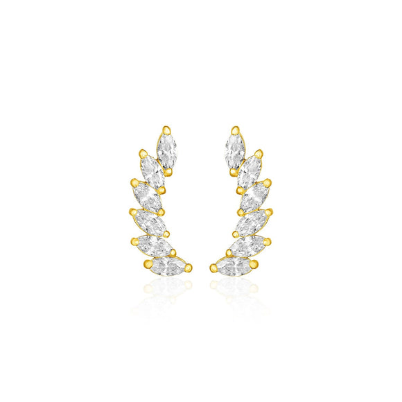 14k Yellow Gold Leaf Motif Climber Post Earrings with Marquise Cubic Zirconias