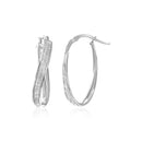 14k White Gold Oval Hoop Twist Glittery Earrings-2