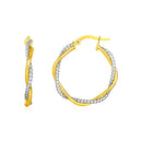 14k Yellow and White Gold Two Part Textured Twisted Round Hoop Earrings-2