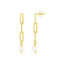 14k Yellow Gold Paperclip Chain Link Earrings with Pearls-2
