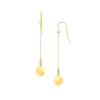 14k Yellow Gold Bead and Shiny Disc Drop Earrings - 0