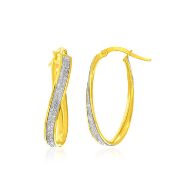 14k Two-Tone Gold Oval Hoop Twist Glittery Earrings - 0