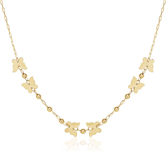14k Yellow Gold 18 inch Necklace with Polished Butterflies and Beads