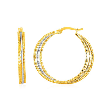 Three Part Textured Hoop Earrings in 14k Yellow and White Gold - 0