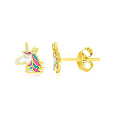 14k Yellow Gold Enameled Unicorn Childrens Earrings - 0
