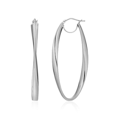 14k White Gold Twist Motif Oval Shape Hoop Earrings - 0