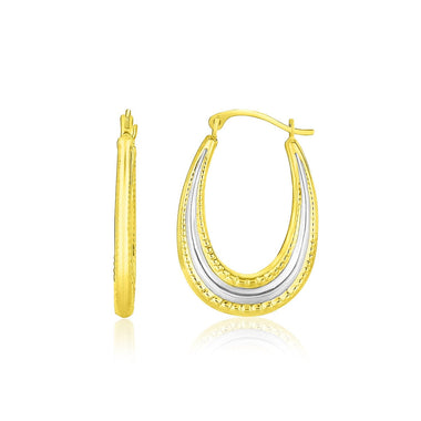 10k Two-Tone Gold Graduated Textured Oval Hoop Earrings - 0