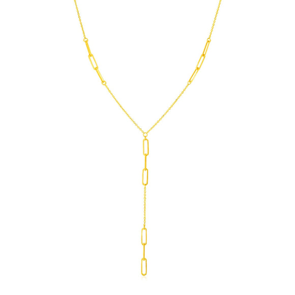 14K Yellow Gold Lariat Necklace with Paperclip Chain Stations