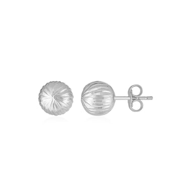 14K White Gold Ball Earrings with Linear Texture - 0