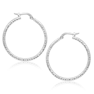 14k White Gold Tube Textured Round Hoop Earrings - 0