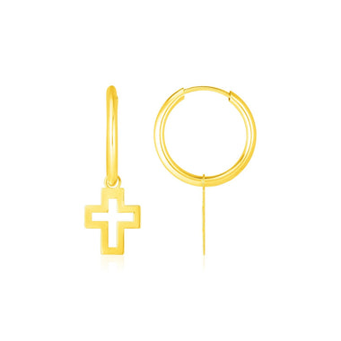 14K Yellow Gold Hoop Polished Earrings with Crosses - 0