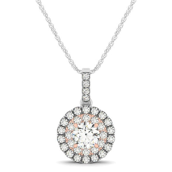 Round Shape Halo Diamond Pendant in 14k White and Rose Gold (1/2 cttw)