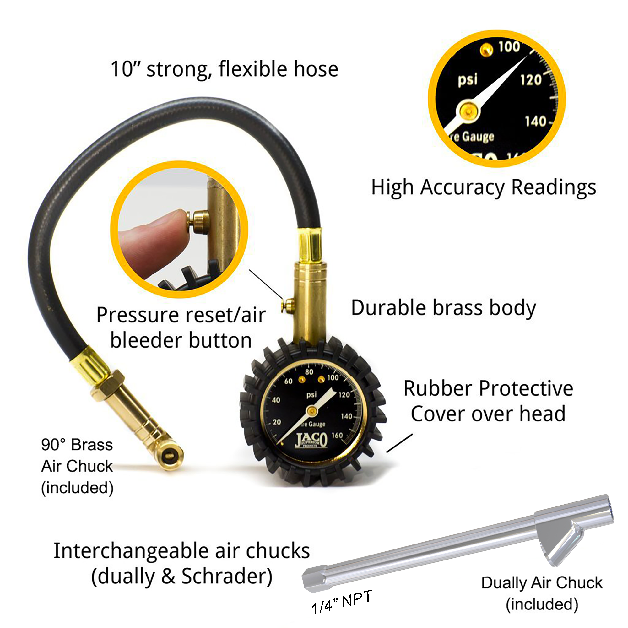 EliteProPlus™ Tire Pressure Gauge with Dually Air Chuck - 160 PSI - 0