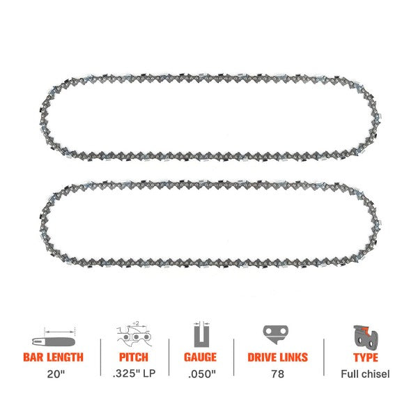 20 Inch Chain .325 Pitch .050 Gauge 78 DL For Oregon H78 M78 Husqvarna 235 240 440 136 141 142 Jonsered CS 2255 2250 Chainsaw Full Chisel - 0