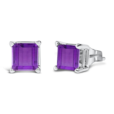 14K White Gold 5x5MM Princess Cut Purple Amethyst Solitaire Stud Earrings - 0
