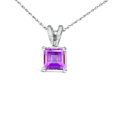 14K White Gold 5x5 MM Square Shaped Purple Amethyst Solitaire Pendant Necklace - 0