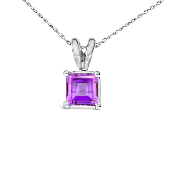 14K White Gold 5x5 MM Square Shaped Purple Amethyst Solitaire Pendant Necklace