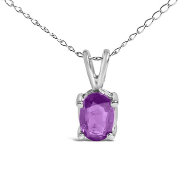 14K White Gold 6x4MM Oval Shaped Purple Amethyst Solitaire Pendant Necklace - 0