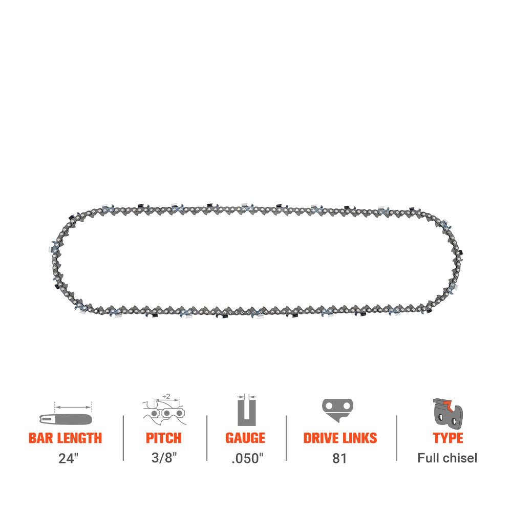 Hipa Full Skip Chain 3/8" .050" 81 DL 24 Inch For Jonsered CS2255 CS2260 CS2238S CS2050 Turbo Red Max G621AVS G620AVS Poulan 3400 3800 4200 4400 4900 8500 Chainsaw - 0