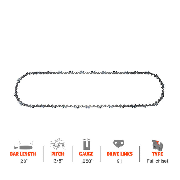 Hipa Full Skip Chain 3/8" .050" 91 DL 28 Inch For Stihl MS660 MS661 MS441 MS440 Chainsaw