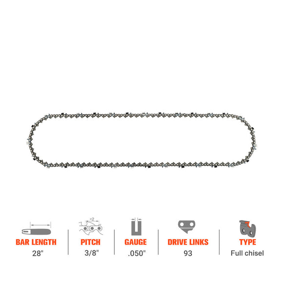 Hipa Full Skip Chain 3/8" .050" 93 DL 28 Inch For Husqvarna 365 372 455 460 465 562 Homelite Echo Chainsaw