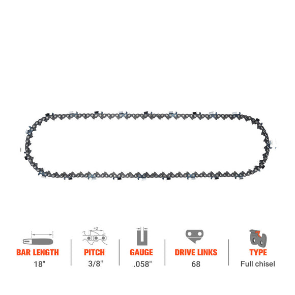 Hipa Full Skip Chain 3/8" .058" 68 DL 18 Inch For Husqvarna 55 65 66 372xp 455 455e 460 576xp Chainsaw