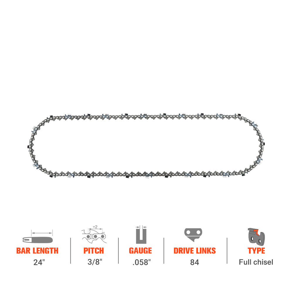 3/8 Pitch .058 84 DL Full Skip 24 inch Saw Chain For Husqvarna 55 65 66 455 455e 460 Rancher 372xp 576xp 262XP 362 362XP Echo Chainsaw - 0