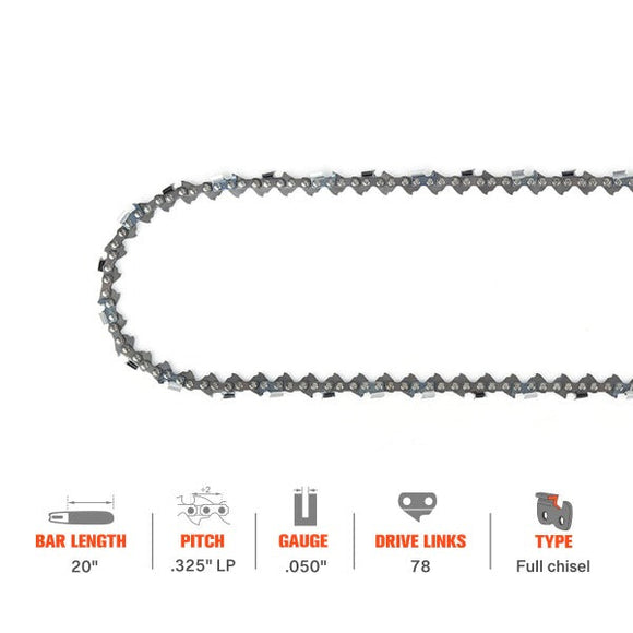 20 Inch Chain .325 Pitch .050 Gauge 78 DL For Oregon H78 M78 Husqvarna 235 240 440 136 141 142 Jonsered CS 2255 2250 Chainsaw Full Chisel