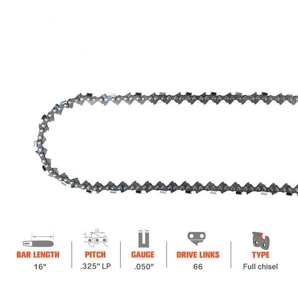 16 Inch .325 .050 66 DL Full Chisel Saw Chain For Echo CS450 CS490 CS510 CS530 Husqvarna 254 340 345 351 353 Oregon 20BP066G Chainsaw