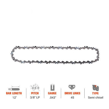 Hipa 12 Inch Chain 3/8 LP .043 45 DL For DeWalt DCCS620B DCCS620P1 Black Decker LCS1240 Husqvarna H38 120i T535iXP 535iXP 536LiXP Chainsaw 61PMM3 45 - 0