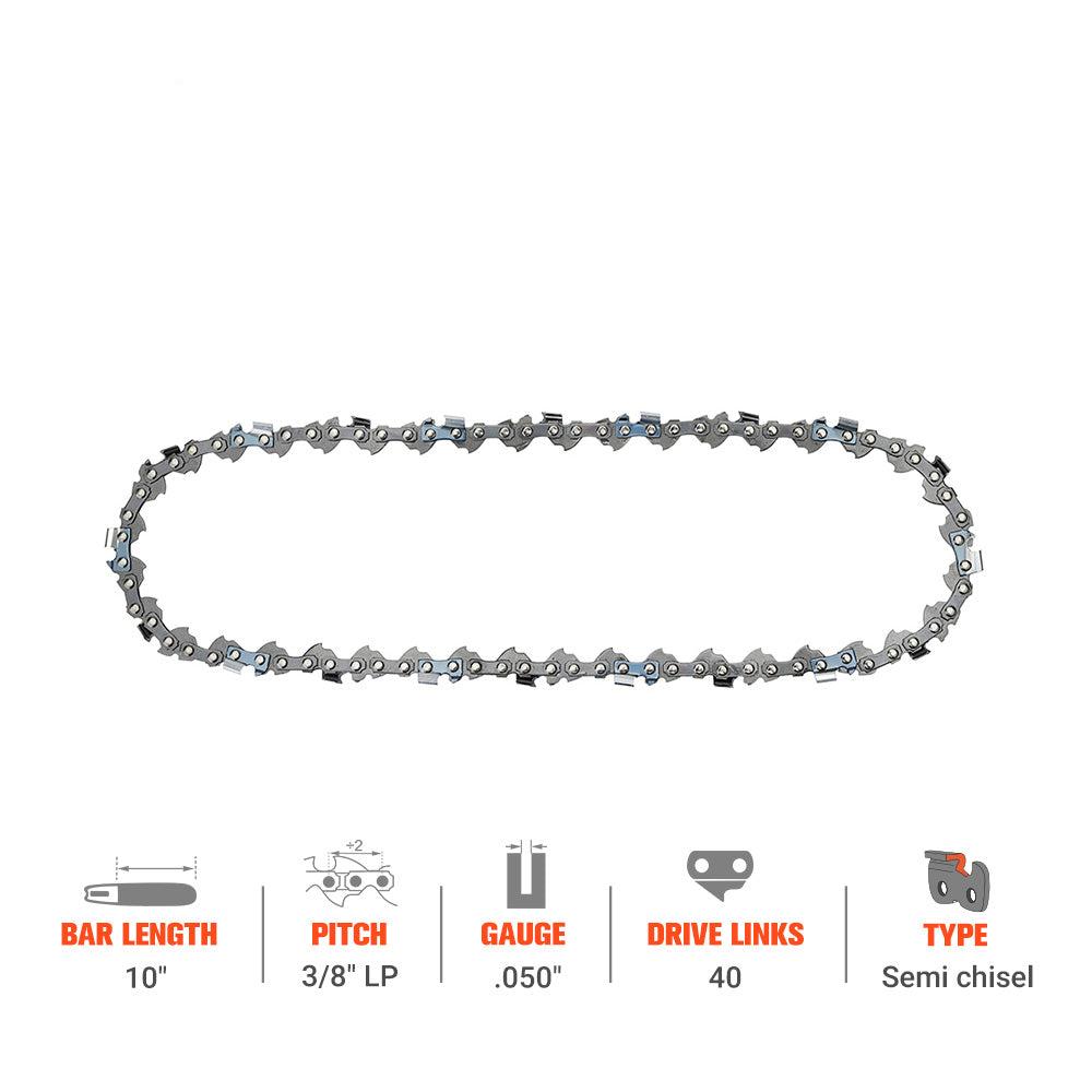 Hipa 10 Inch Chain 3/8 LP .050 40 DL For Sun Joe Swj803e Oregon S40 Worx WG309 Remington RM1015PS RM1025P RM1025SPS Pole Saw Chainsaw