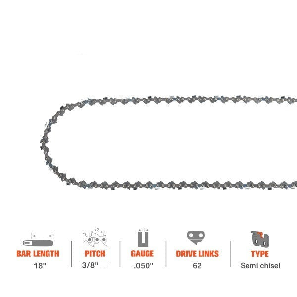 18 Inch Chain 3/8 LP .050 62 DL For Echo CS370 CS400 Poulan Pro 2050 2055 P3818 P3314 P3416 Remington RM4214 RM4216 RM4218 Chainsaw
