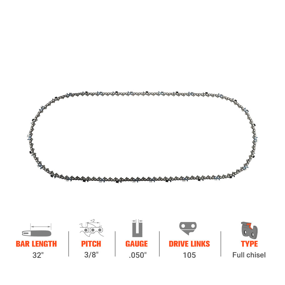 Hipa Full Skip Chain 3/8" .050" 105 DL 32 Inch For Husqvarna 372XP 395XP 572XP Echo CS-600P CS-620P Jonsered 670 Stihl MS660 066 MS460 Poulan Chainsaw - 0
