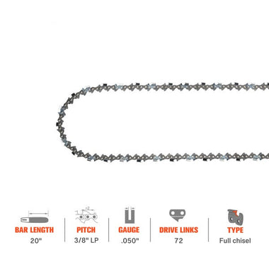20 Inch Full Chisel Chain 3/8 Pitch .050 Gauge 72 DL For Husqvarna 455 Rancher 450 Stihl MS290 029 MS260 026 Chainsaw # Oregon D72 72EXL072G - 0