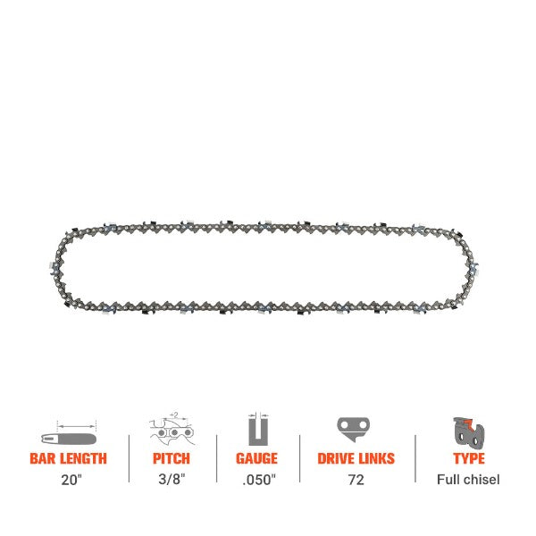 Hipa 20 Inch Full Skip Chain 3/8 Pitch .050 72 DL For Poulan Pro PR5020 50CC Husqvarna 365 562xp 372xp Stihl Chainsaw - 0