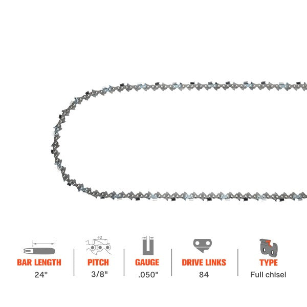 3/8 .050 84 DL 24 Inch Full Chisel Chain For Husqvarna 460 Racher 372XP 362XP 359 575XP 394XP 395XP Stihl MS290 Echo CS-620P Chainsaw - 0