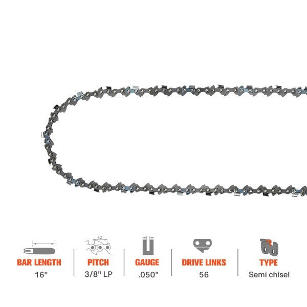 16 Inch Chain 3/8 LP .050 Gauge 56 DL For S56 Poulan 2050 2150 2375 Ryobi RY3716 RY43006 Oregon CS1200 CS1400 CS300 Chainsaw - 0