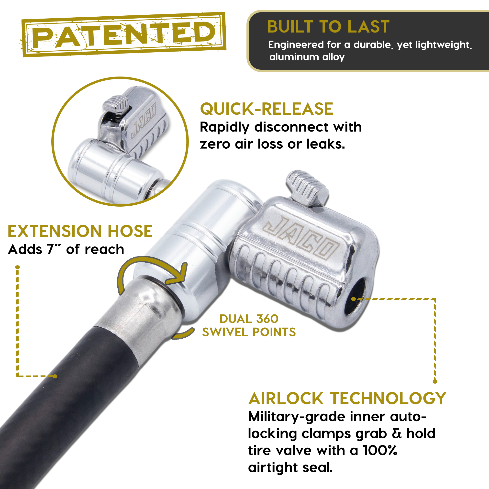 Lightning L2X Tire Inflator Hose Extension Self-Locking Nozzle | Patented Lock-on Air Hose Adapter for Tire Pumps (Open Flow)